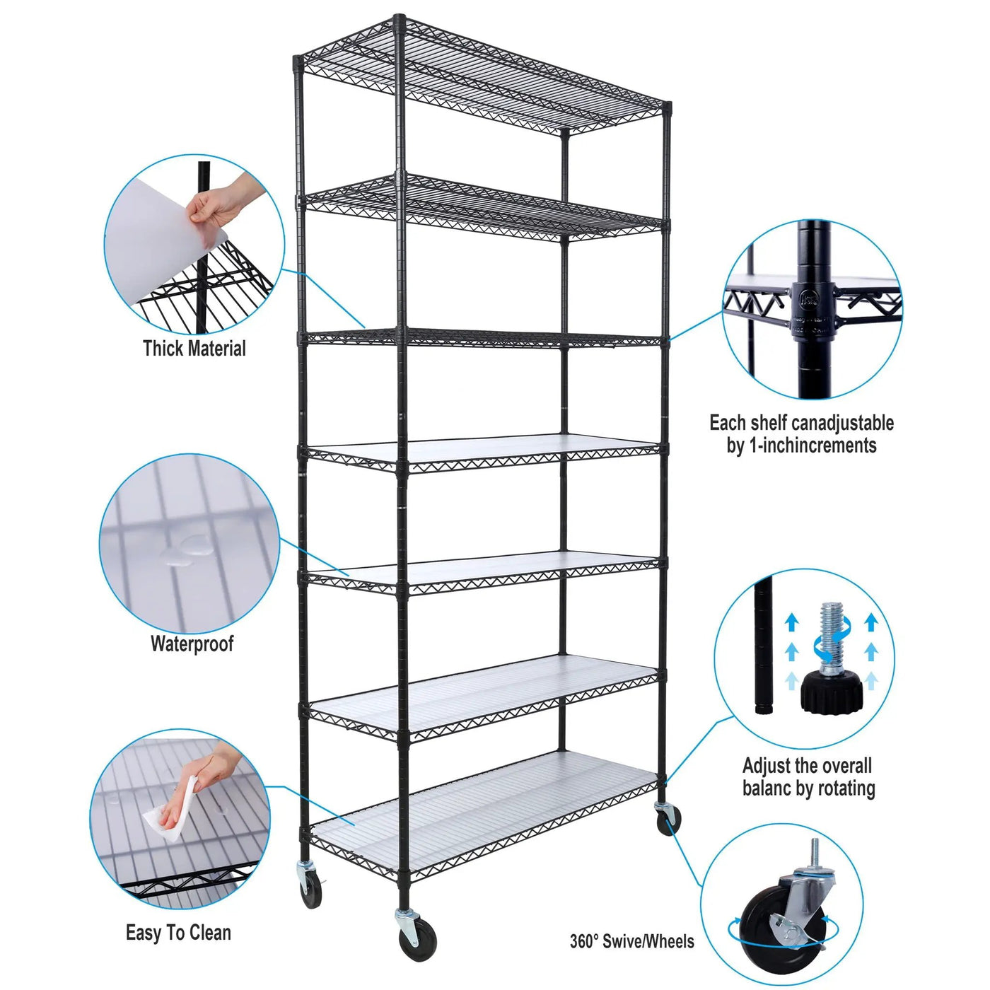 7 Tier Metal Shelf Wire Shelving Unit, 2450Lbs Heavy Duty Adjustable Storage Rack With Wheels & Shelf Liners For Closet Kitchen Garage Basement Commercial Shelving by Unique Piece Furniture