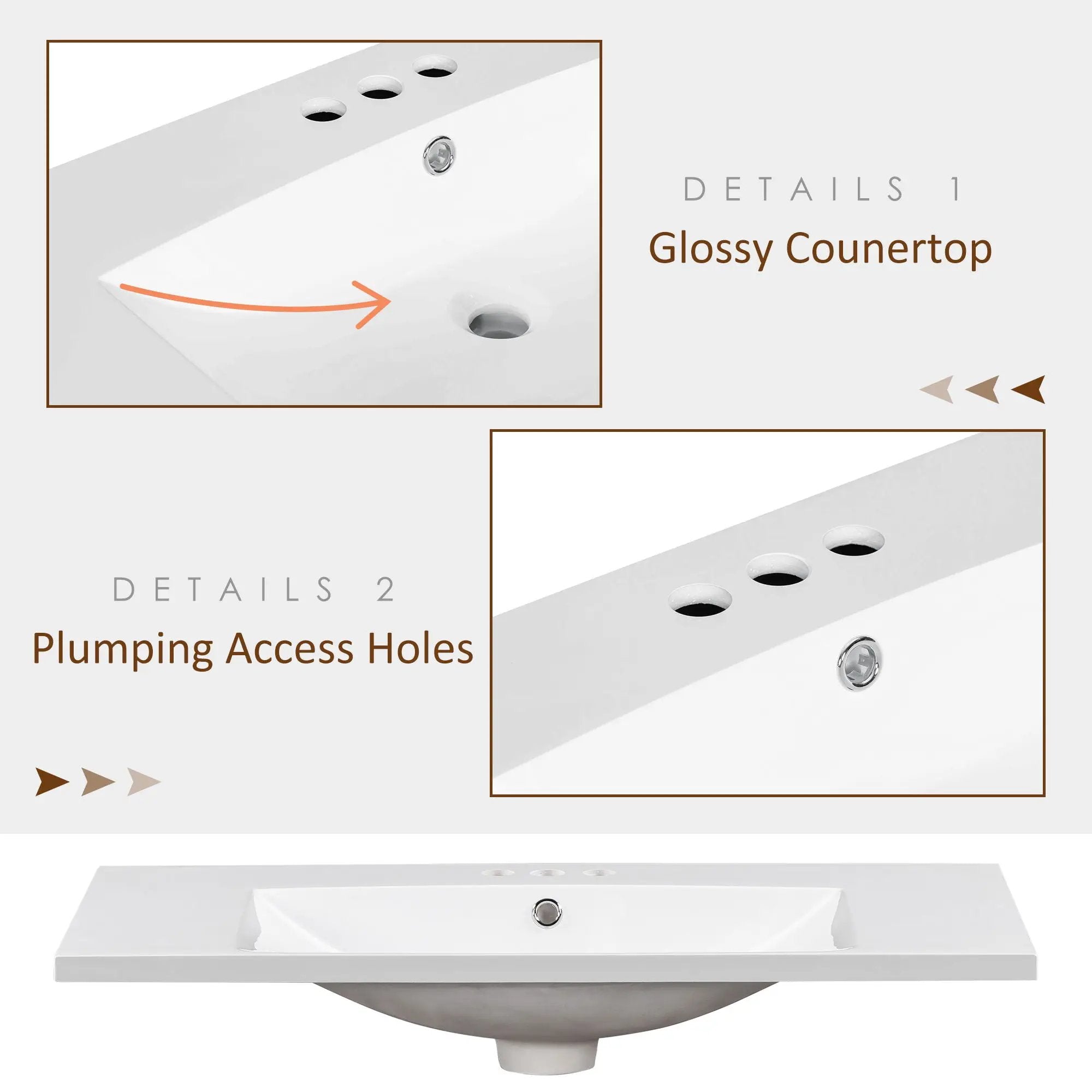 Single Bathroom Basin Sink, Vanity Top Only With 3 Faucet Holes
