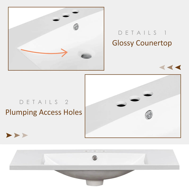 Single Bathroom Basin Sink, Vanity Top Only With 3 Faucet Holes