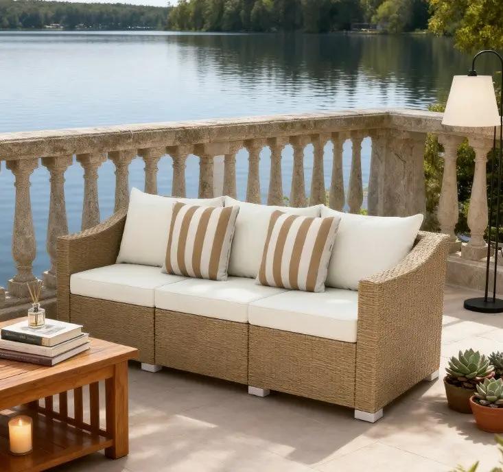 Outdoor Furniture Rattan Sofa with Cushions and Throw Pillows by HouseOfZazla