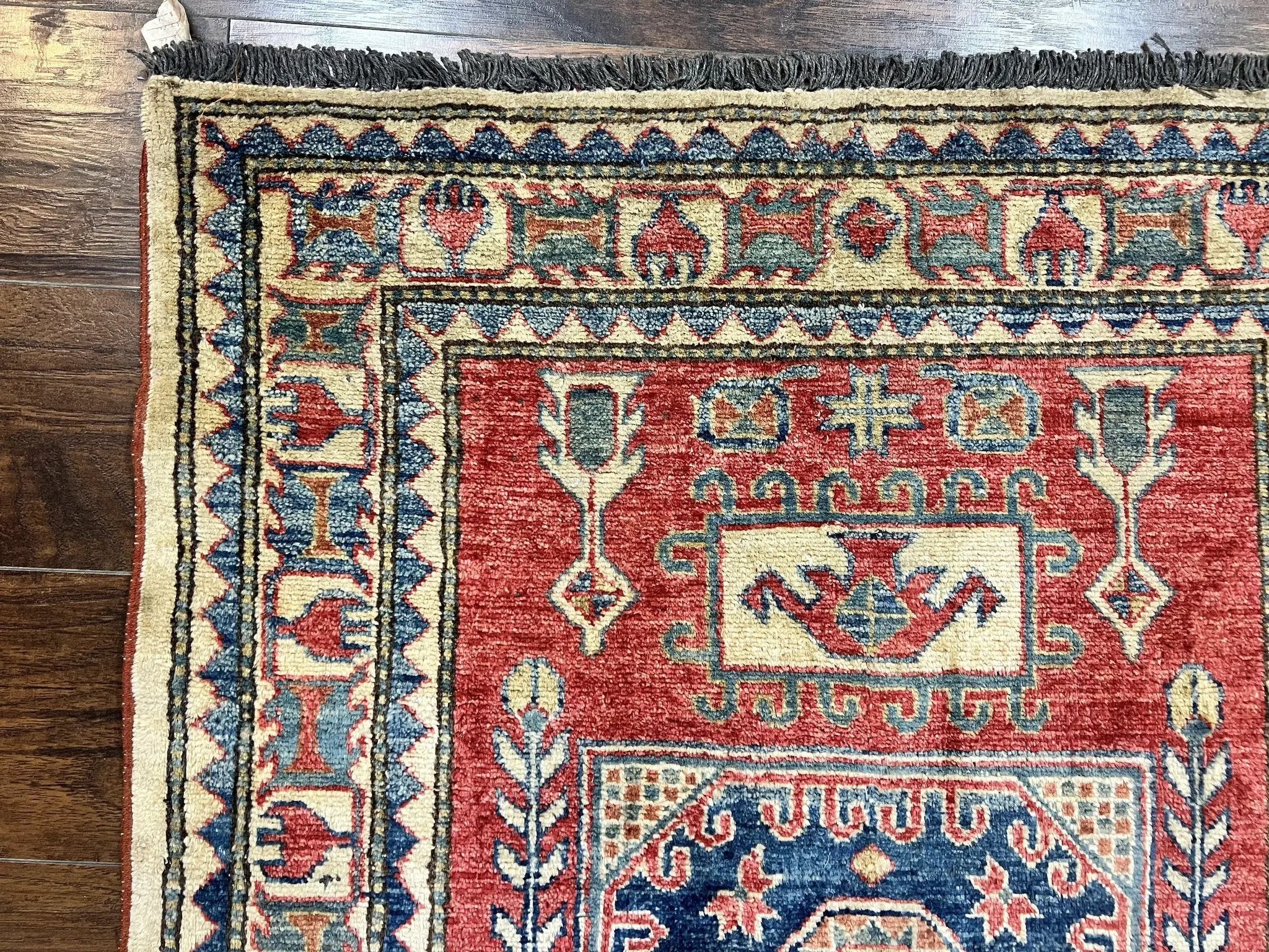 Turkish Kazak Rug 3x4, Wool Hand Knotted Small Vintage Carpet, Red Navy Blue, 3 x 4 Oriental Rug, Geometric Design by Jewel Rugs