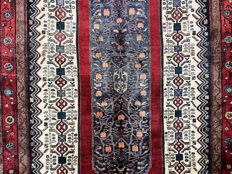 Persian Rug 5x12 ft, Red Cream Navy Blue, Pictorials, Hand Knotted Handmade Wide Runner Tribal Bidjar Semi Antique Wool Geometric Oriental Rug by Jewel Rugs