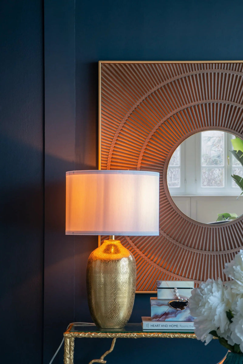 D18x31" Round Aluminum Sheet Gold Table Lamp with White Fabric Shade by HouseOfZazla