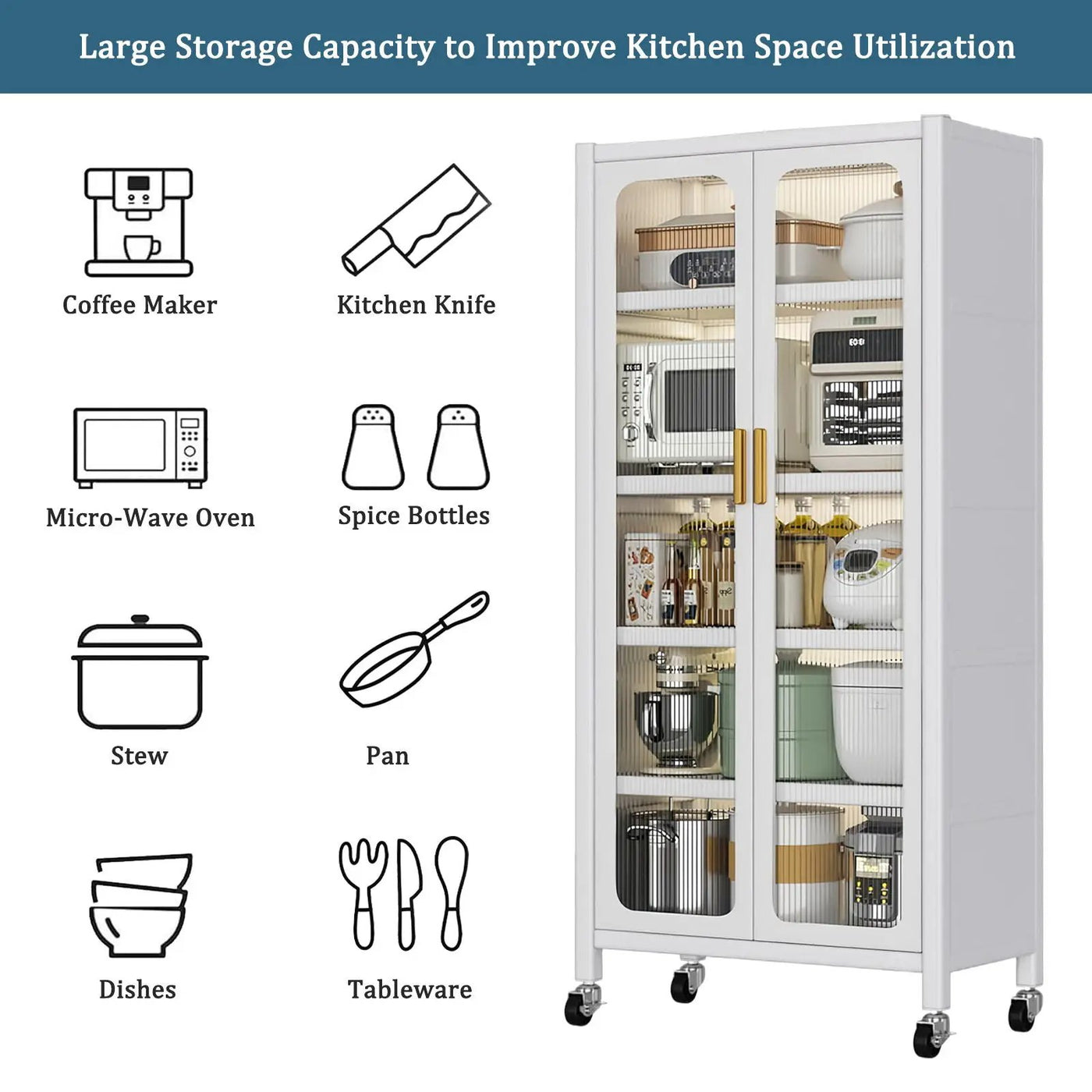 6 Tier Storage Cabinet With Transparent Door, Adjustable Shelves & Wheels by HouseOfZazla