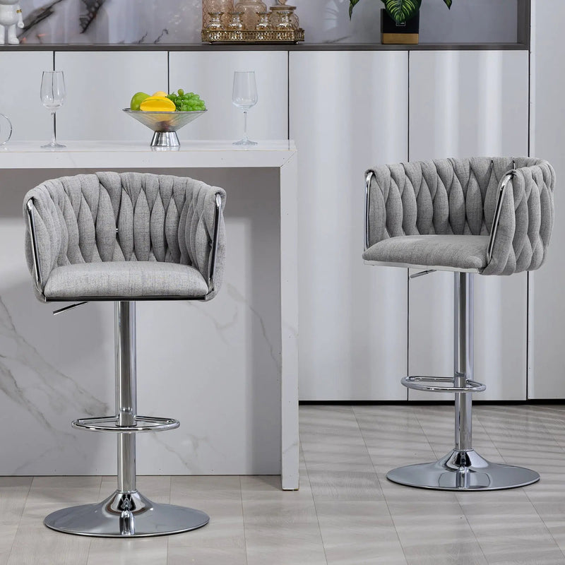 360 Degree Swivel Bar Stools Adjustable Counter Height Bar Chairs With Woven Back & Footrest, Silver Chromed Bar Stools For Kitchen Island (Set of 2) - Gray by Unique Piece Furniture