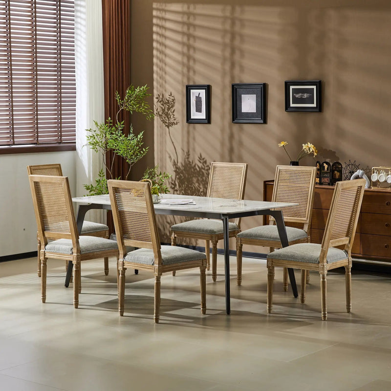 French Country Dining Chair With Rectangular Cane Backrest And Smooth Upholstered Seating by HouseOfZazla