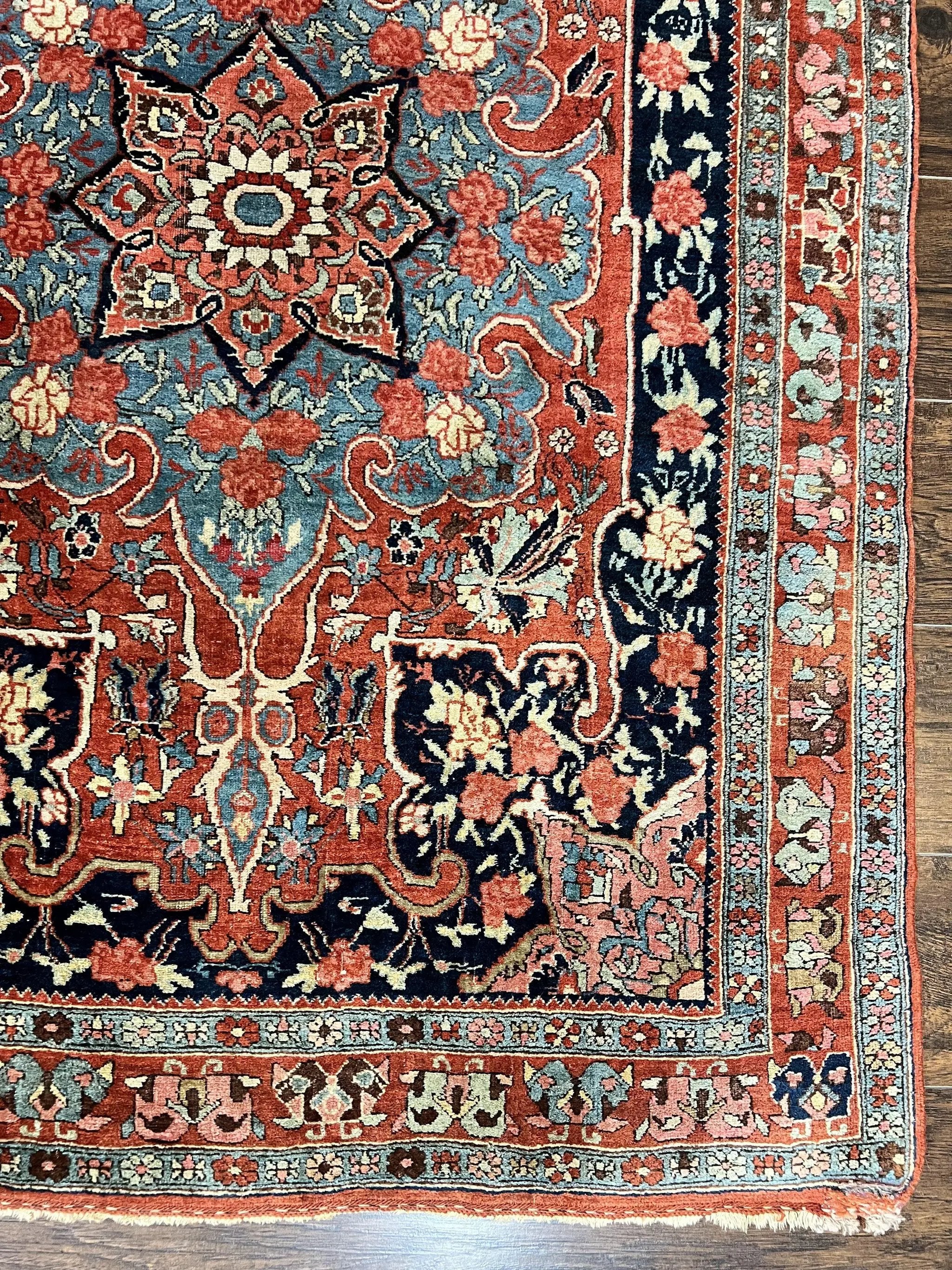 Antique Persian Bidjar Rug 4x5, Red and Blue, Hand Knotted Wool Carpet by Jewel Rugs