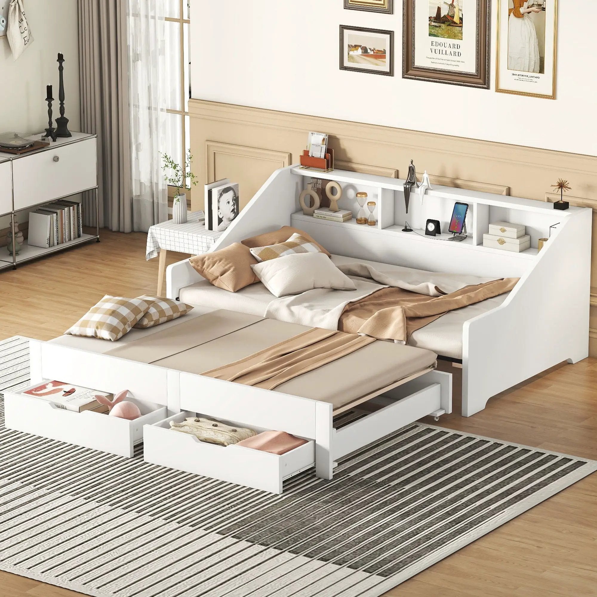 Daybed Frame With Storage Bookcases, 2 Drawers, Charging Station by Unique Piece Furniture