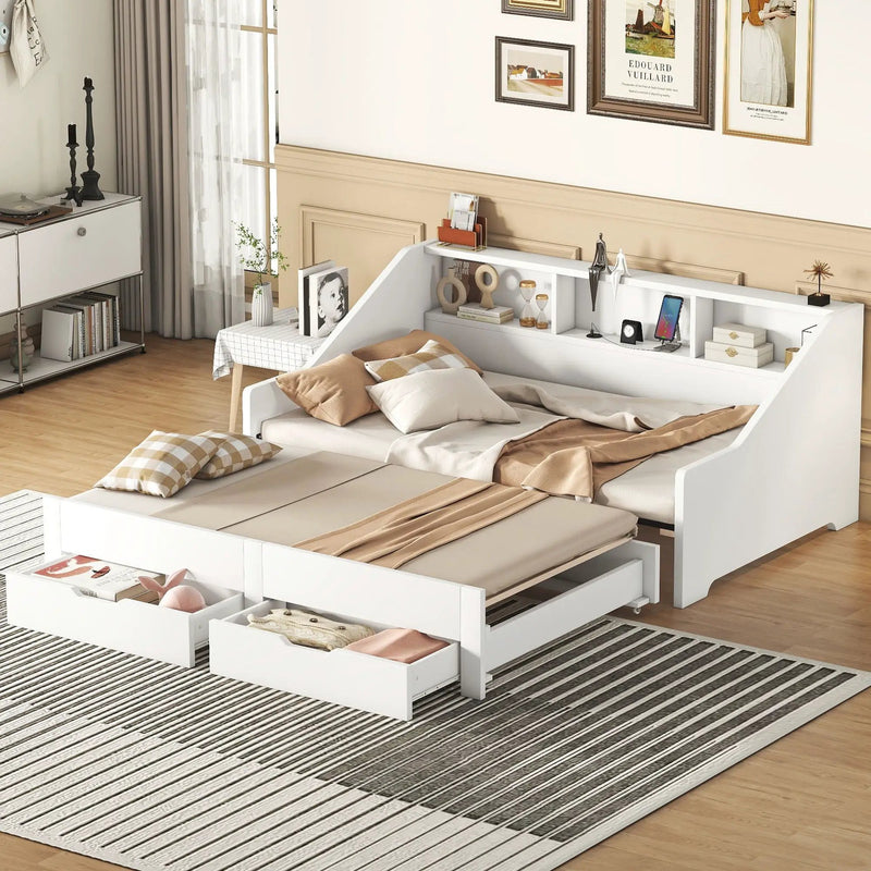 Daybed Frame With Storage Bookcases, 2 Drawers, Charging Station