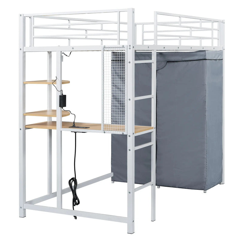Loft Bed With Desk, Shelves, Power Outlet, LED Light And Wardrobe by HouseOfZazla