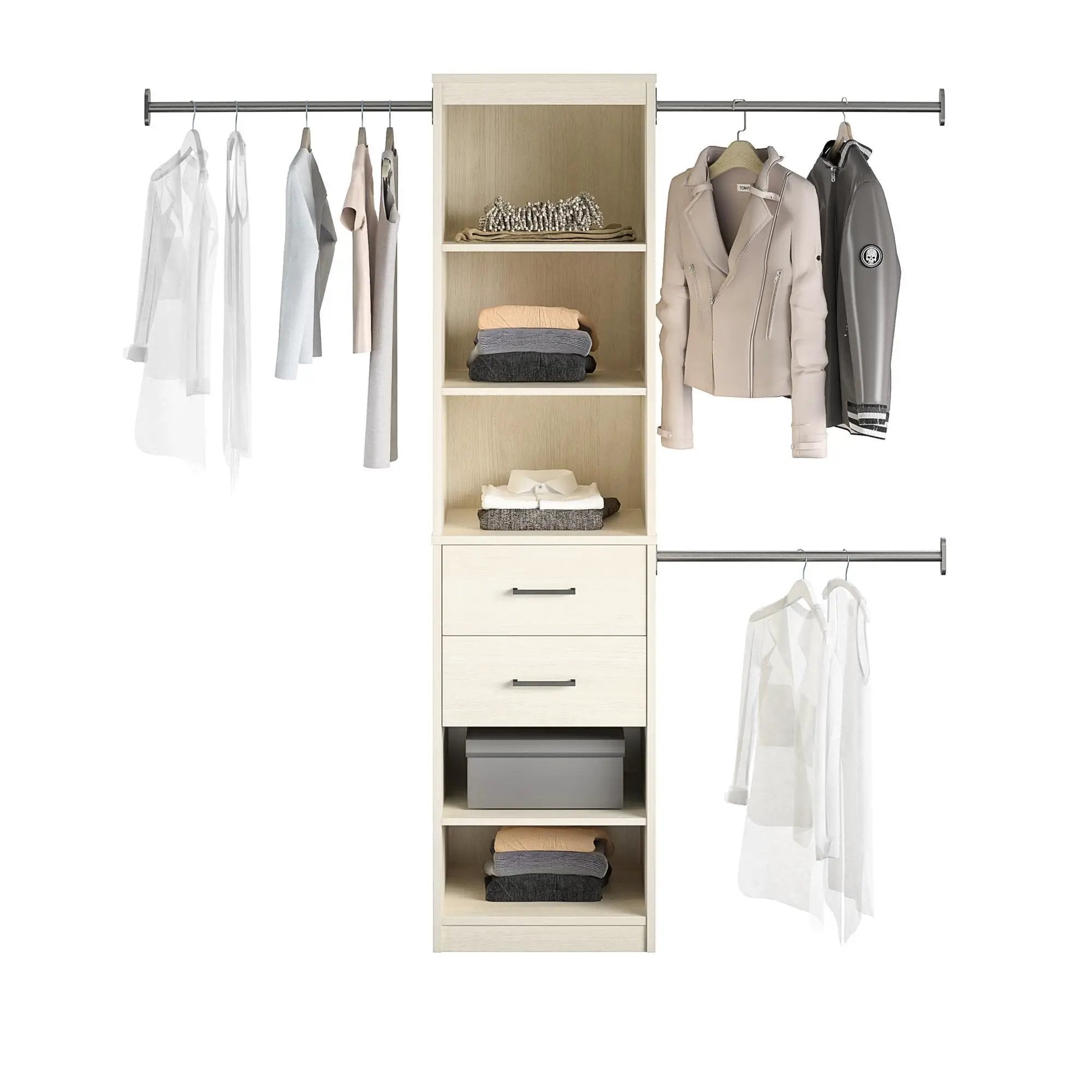 Kelly - 5 Shelf 2 Drawer Closet Organizer With 3 Adjustable Hanging Rods - Ivory by Unique Piece Furniture
