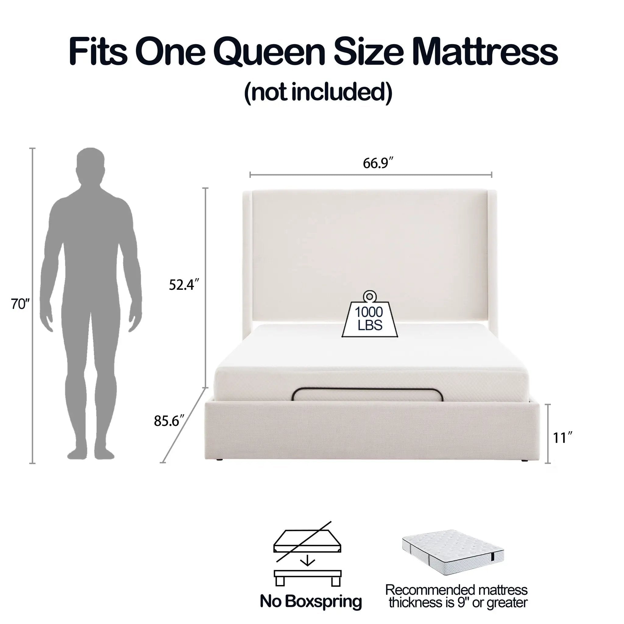 Caron - Queen Size Upholstered Wingback Bed With Adjustable Base Bundle Set - Ivory by Unique Piece Furniture