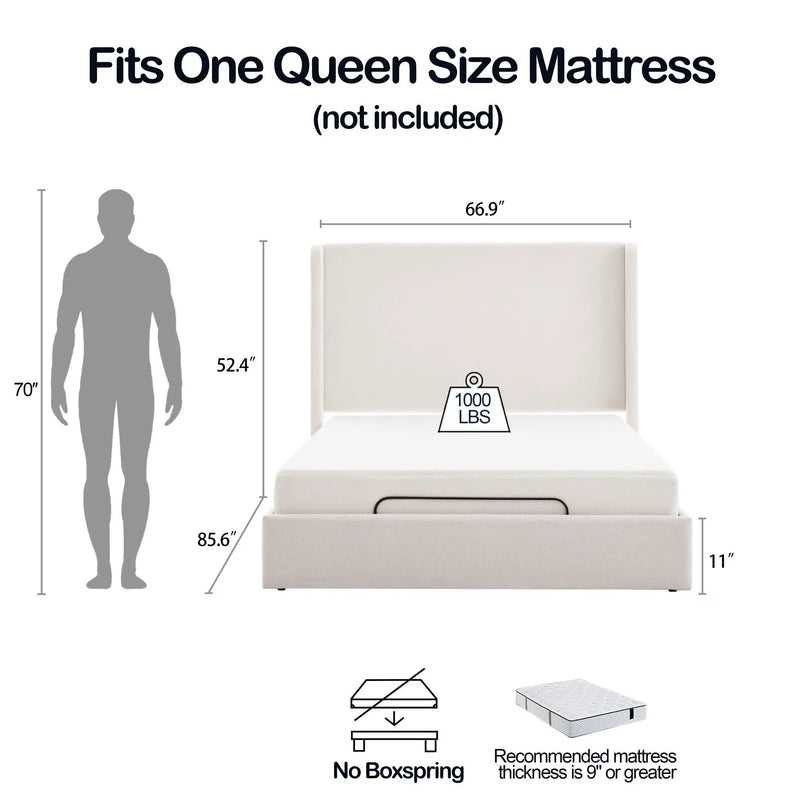 Caron - Queen Size Upholstered Wingback Bed With Adjustable Base Bundle Set - Ivory by Unique Piece Furniture