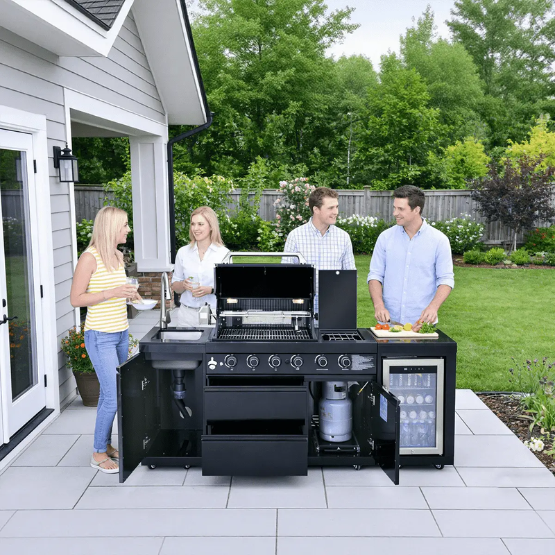 85.2" 4+1 Burner 71,500 BTU Black Outdoor Kitchen Island Grill+ Sink + Refrigerator by Chery Industrial