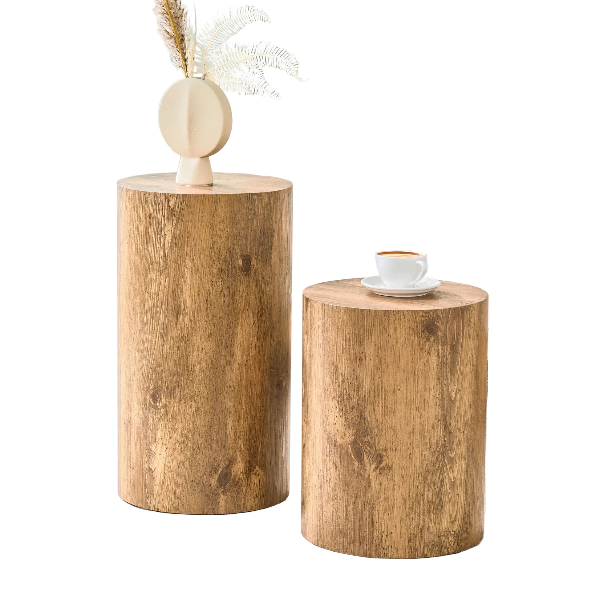 Modern Minimalist Set of Two Wood color Cylinder Coffee Tables by BLAKHOM