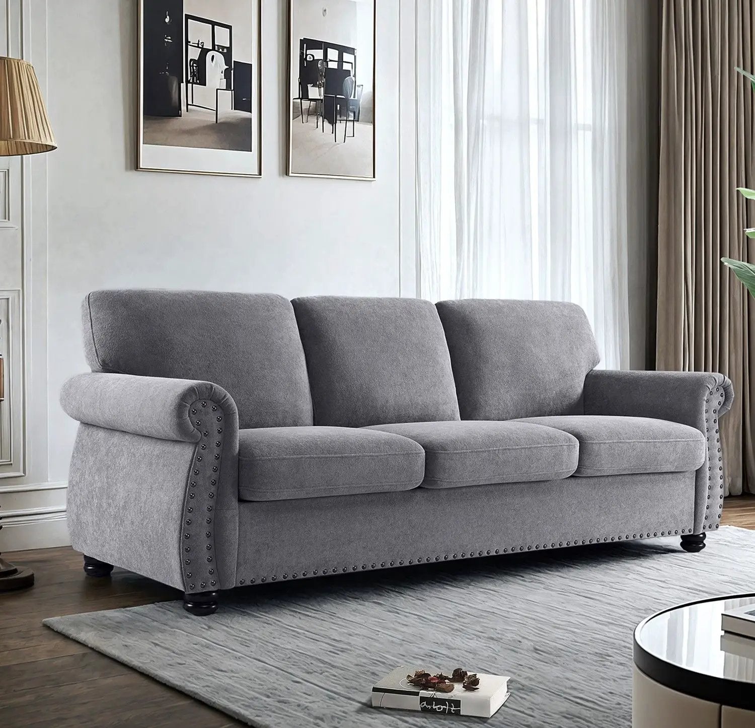 Soft Sofa, Upholstered 3 Seater Couch With High Density Foam, Loose Back Cushions And Turned Legs by HouseOfZazla