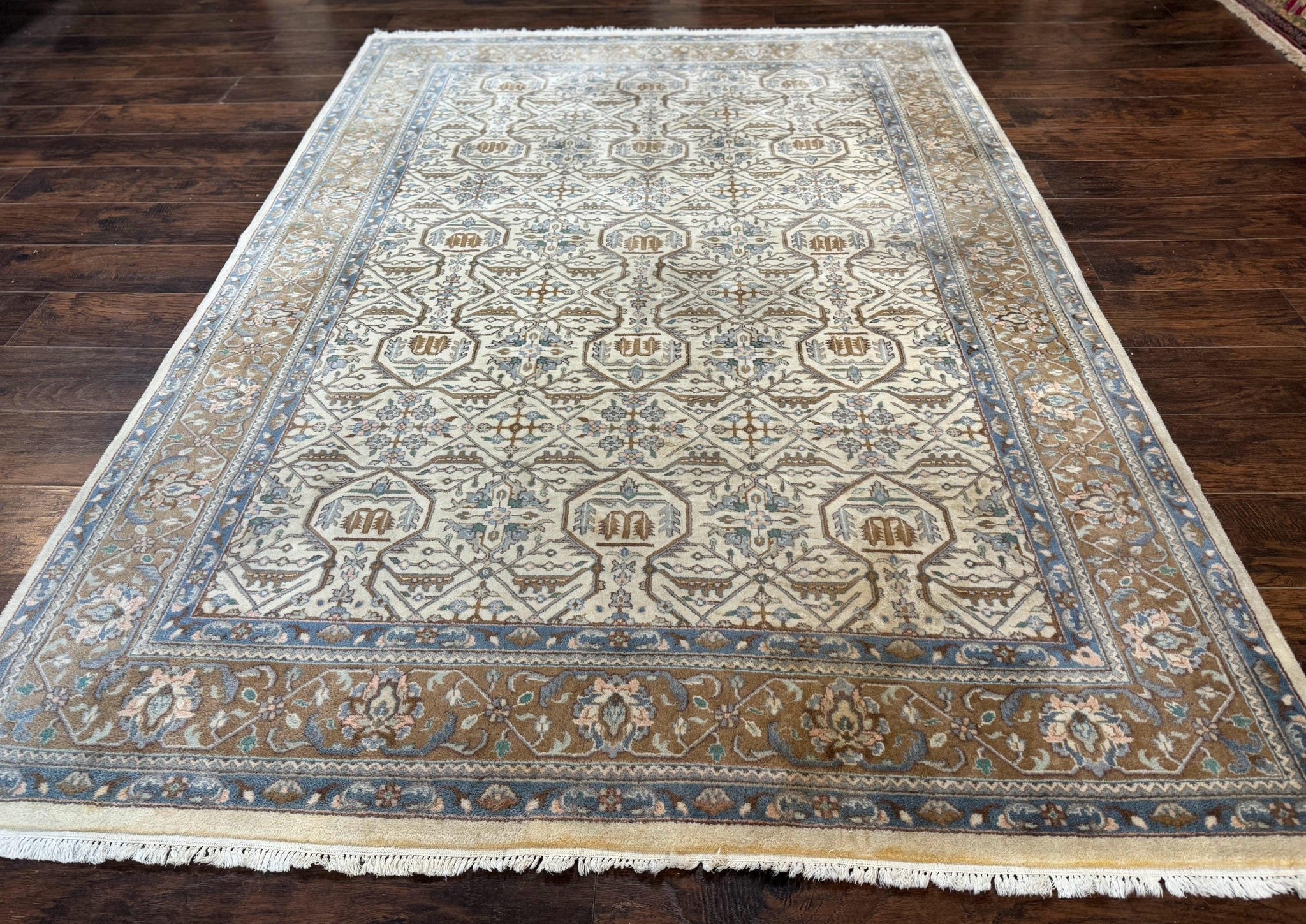 Indo Persian Rug 6x9, Beige, Allover Pattern, Vintage Wool Oriental Carpet by Jewel Rugs