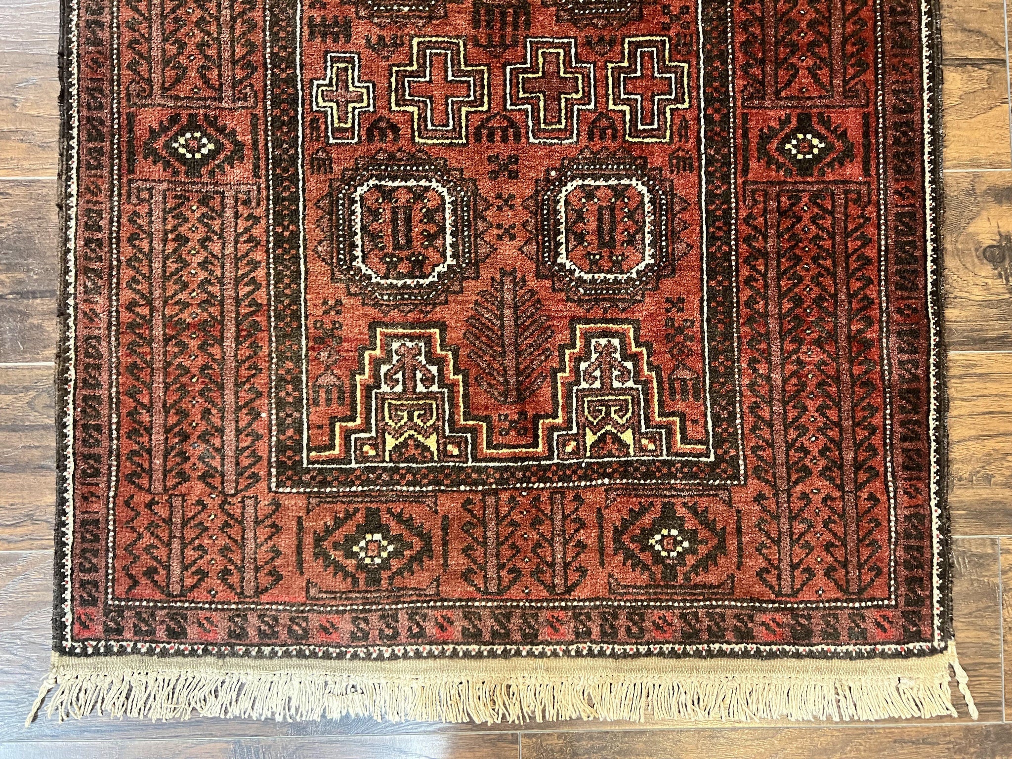 Antique Persian Turkoman Rug 3x6, Wool Tribal Handmade Carpet, Red and Black by Jewel Rugs
