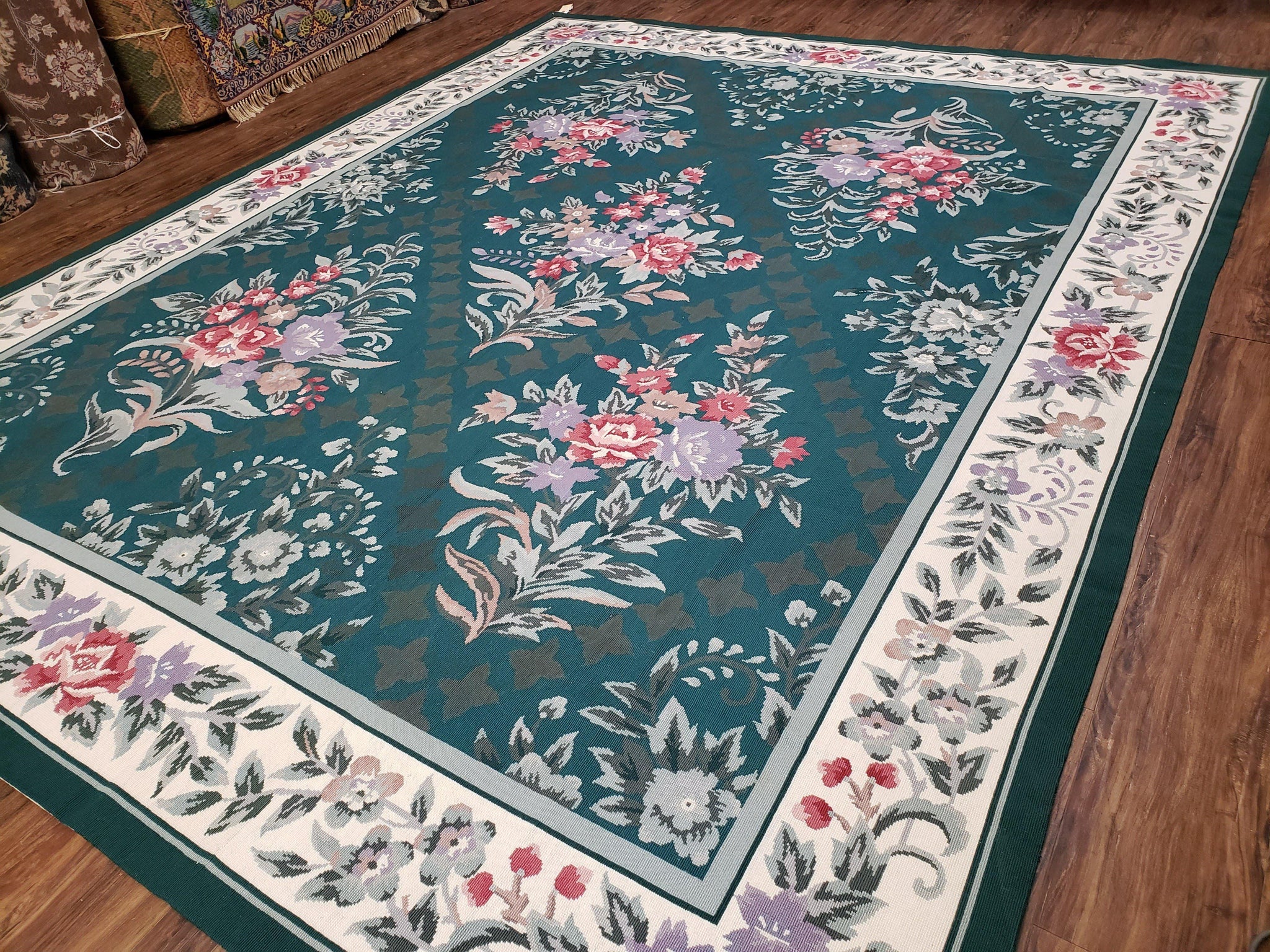 Chinese Needlepoint Rug 8x10, Vintage Green Area Rug, Hand-Woven Flatweave Floral European Design Carpet Wool Handmade 8x 10 Living Room Rug by Jewel Rugs