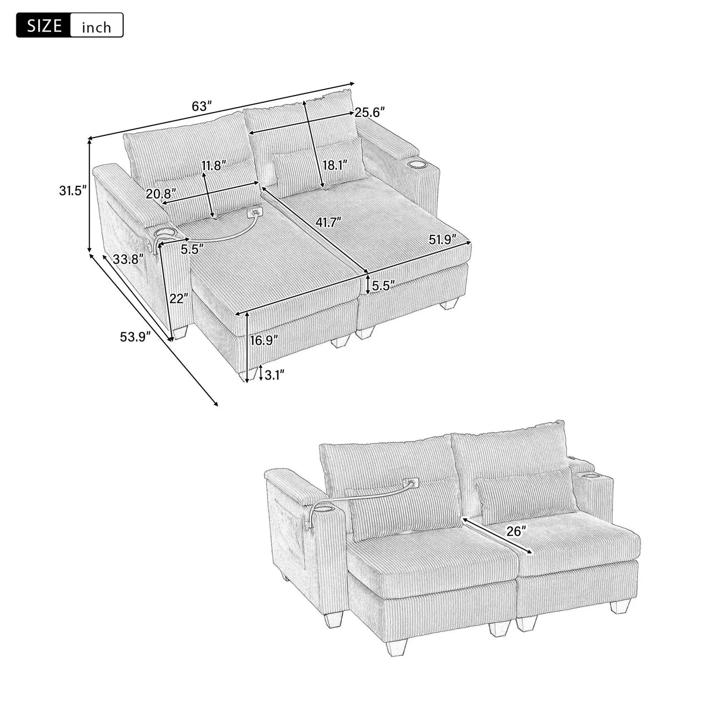 Convertible Chaise Lounge Sofa Chair With USB Ports, Cup Holders, Phone Holder And Storage by Unique Piece Furniture