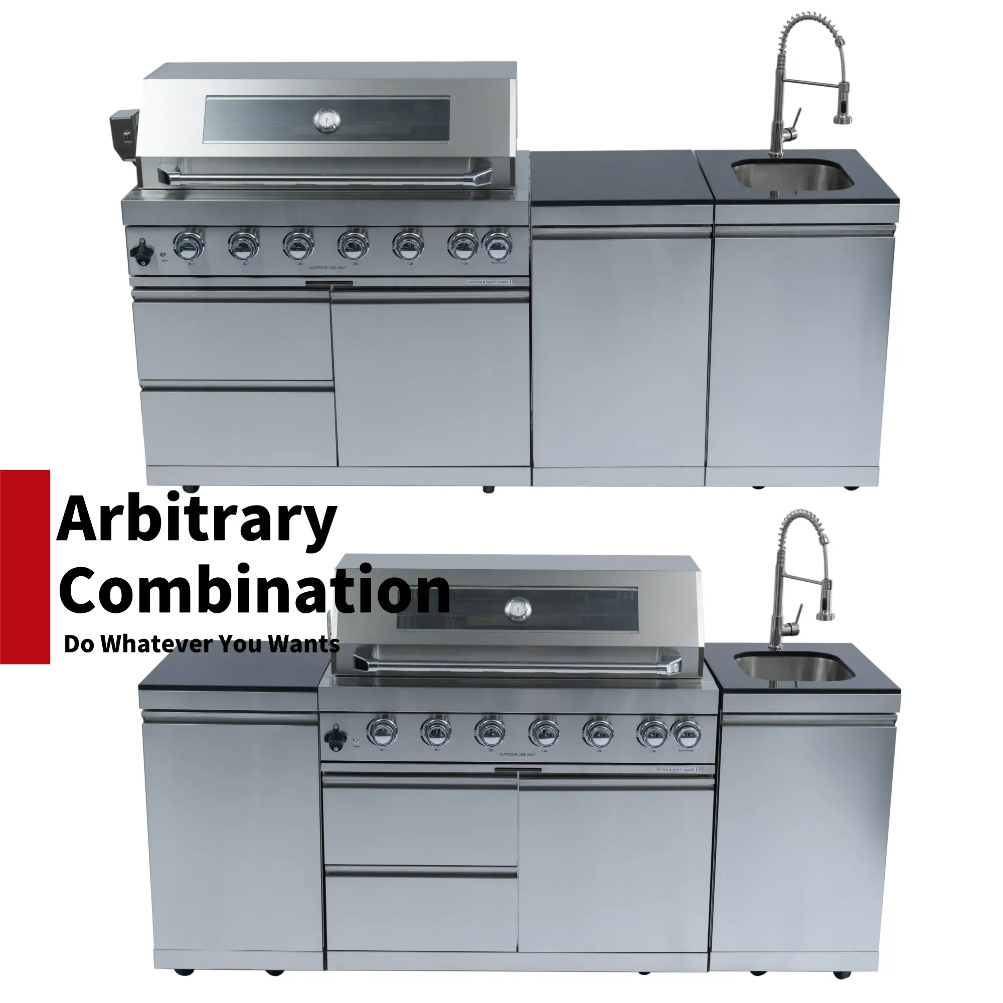 82" 6-Burner 85000 BTU Silver Outdoor Kitchen Island Grill + Storage Cabinets & Drawers & Sink/Faucet by Chery Industrial