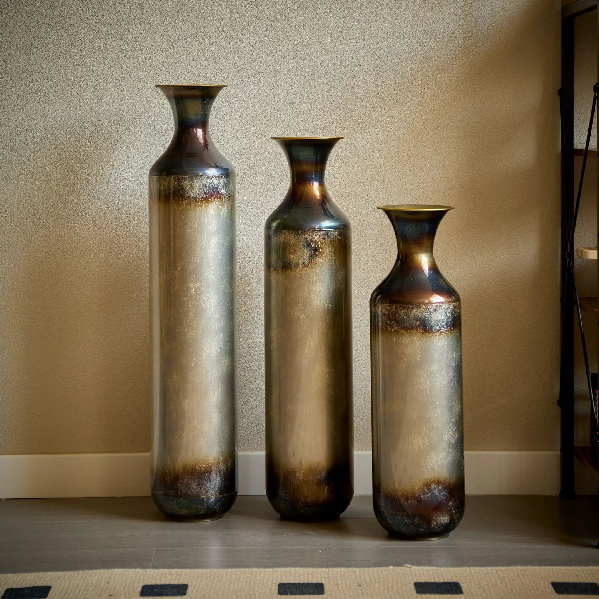 Modern Droplet Shaped Floor Vase Set, Glazed Metal Decorative Vases 3 Piece Home Accent For Living Room - Gold / White by HouseOfZazla