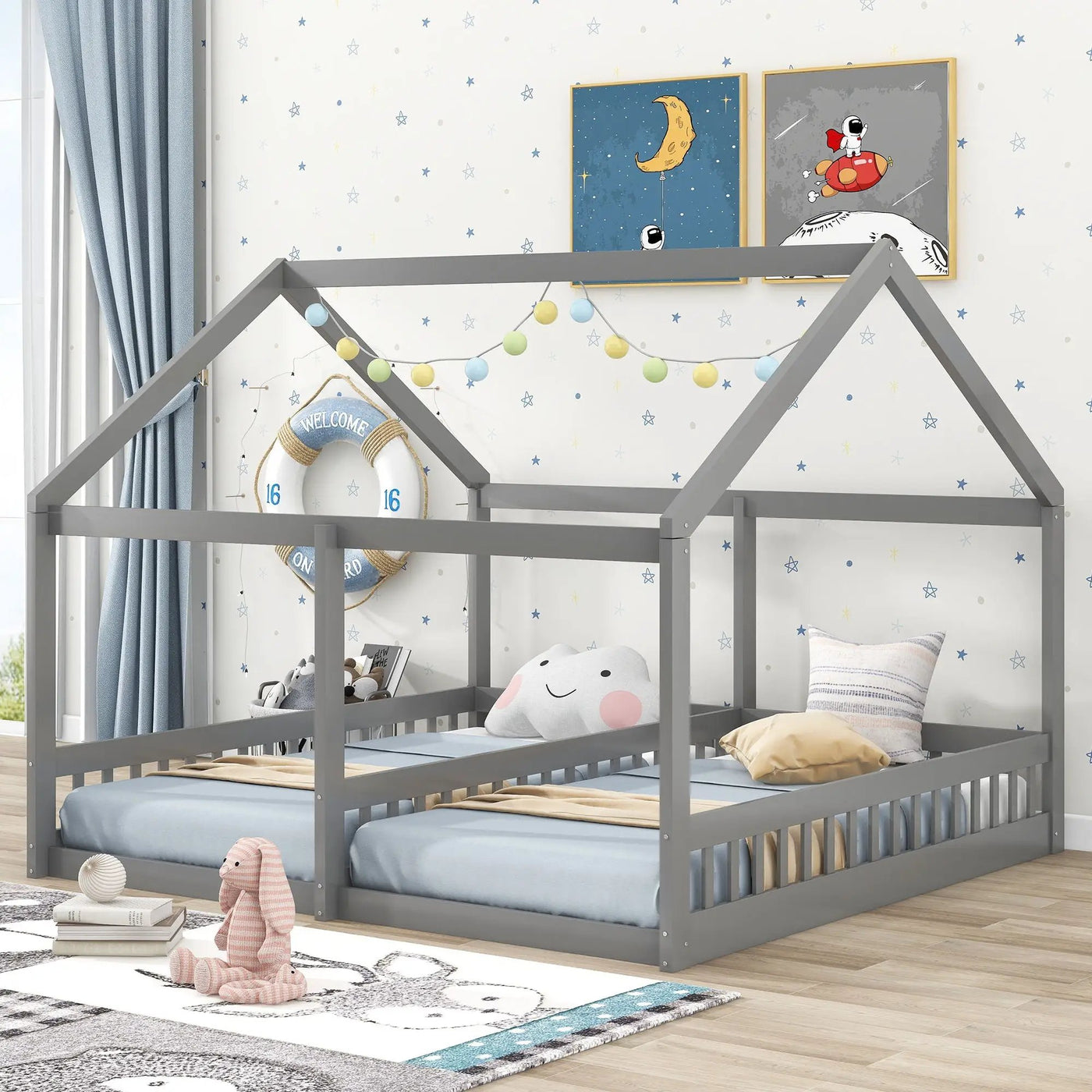 House Platform Beds, 2 Shared Beds, Metal Frame With Guardrails by HouseOfZazla