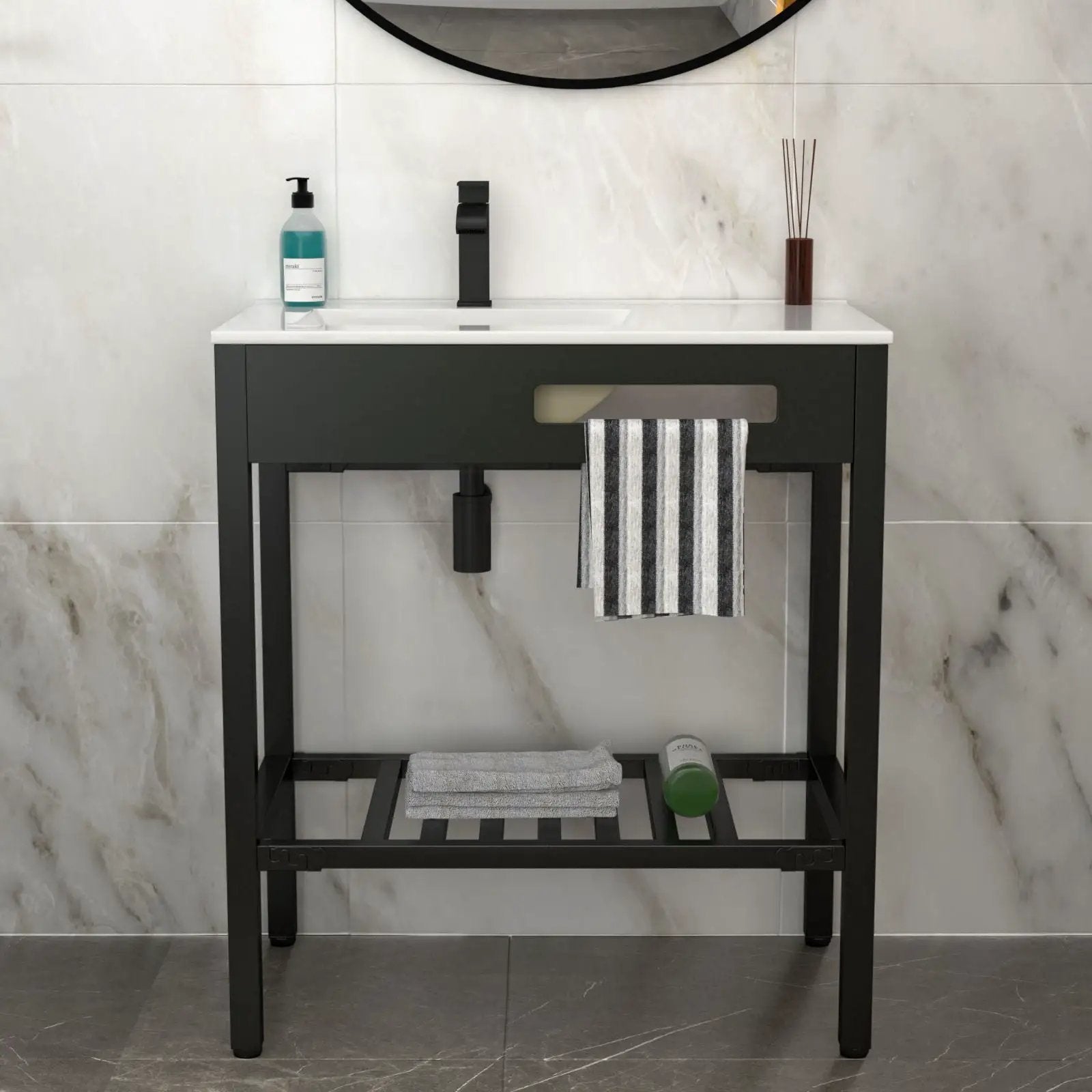 Console Sink With Legs, 32" X 18.5", Durable Porcela With Support - White / Black by HouseOfZazla