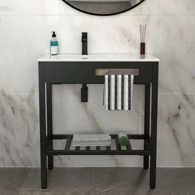 Console Sink With Legs, 32" X 18.5", Durable Porcela With Support - White / Black by HouseOfZazla