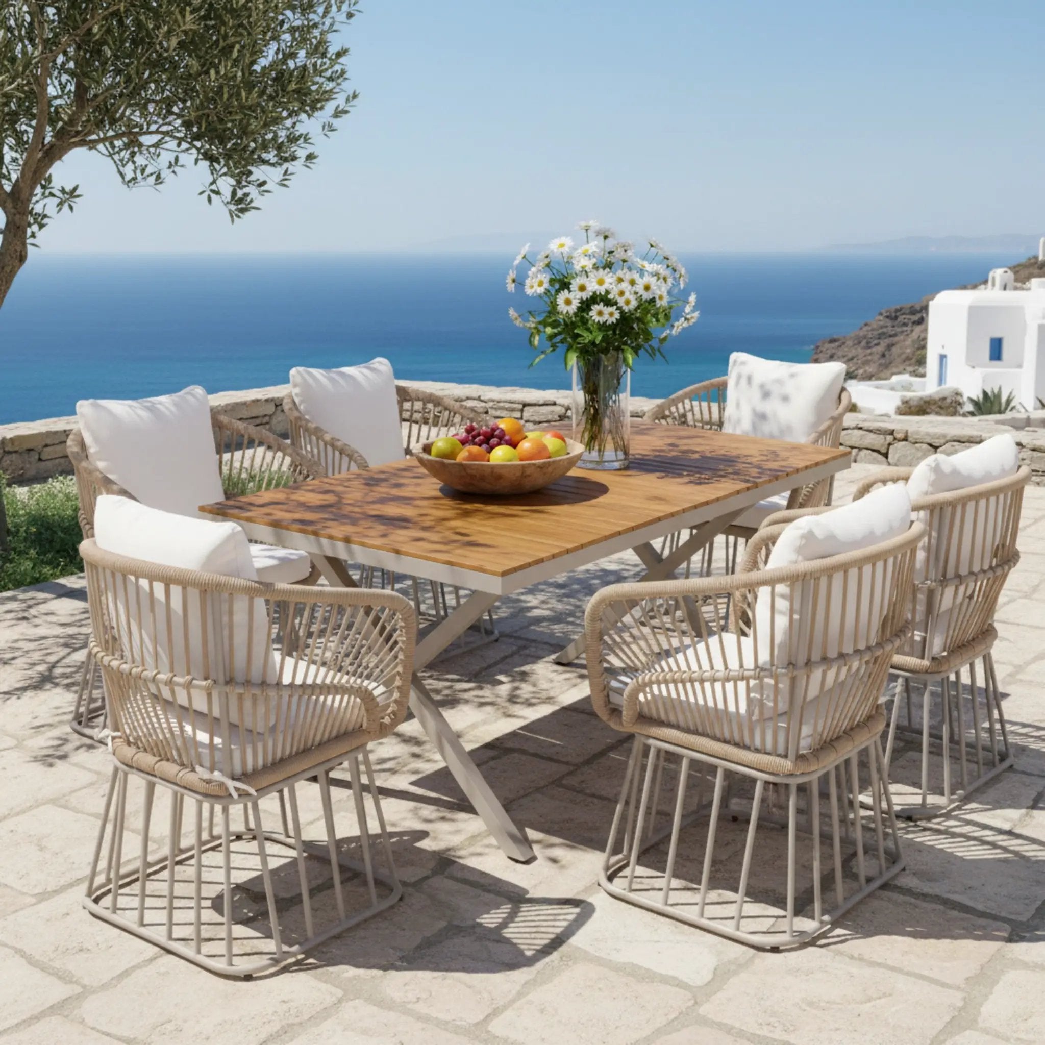 Outdoor 7-Piece Dining Set - Rectangular Teak Wood Table + 6 Wicker Chairs with Cushions by HouseOfZazla