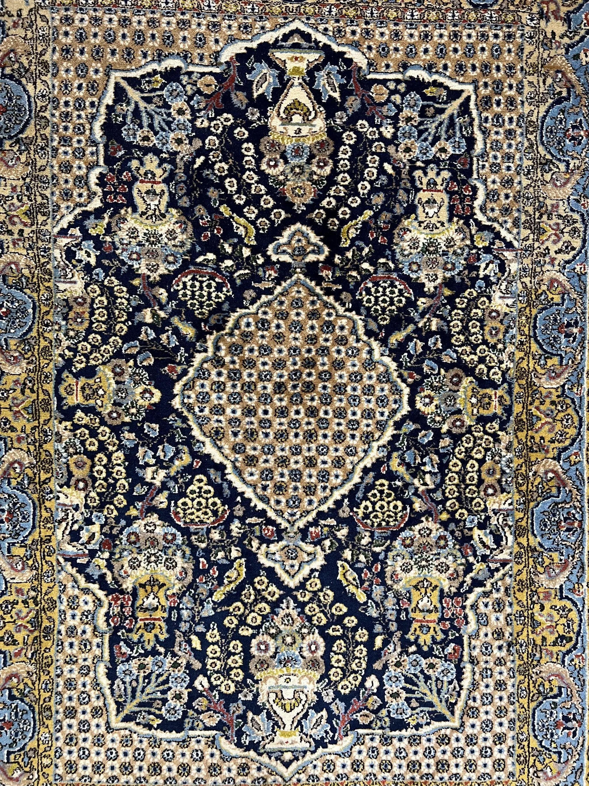 Fine Persian Qum Rug 3x5, Semi Antique Vintage Oriental Ghom Carpet, Floral Medallion, Highly Detailed, Hand Knotted, Navy Blue, Wool Area Rug, Birds by Jewel Rugs