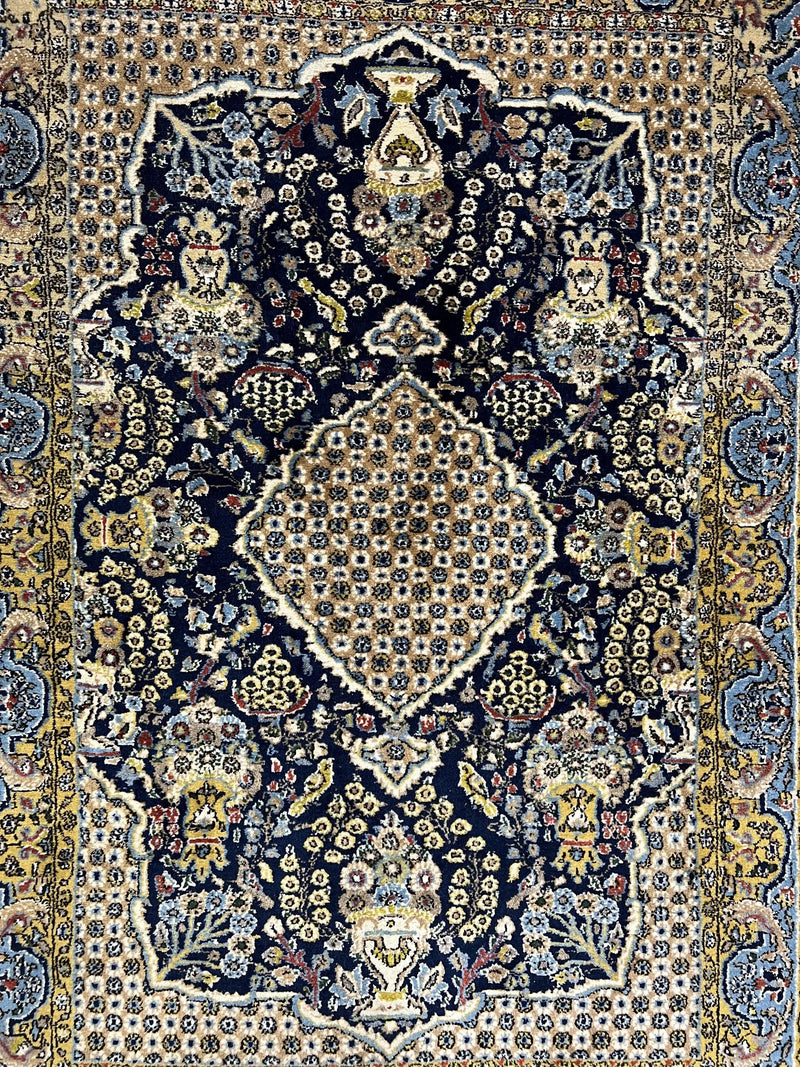 Fine Persian Qum Rug 3x5, Semi Antique Vintage Oriental Ghom Carpet, Floral Medallion, Highly Detailed, Hand Knotted, Navy Blue, Wool Area Rug, Birds by Jewel Rugs