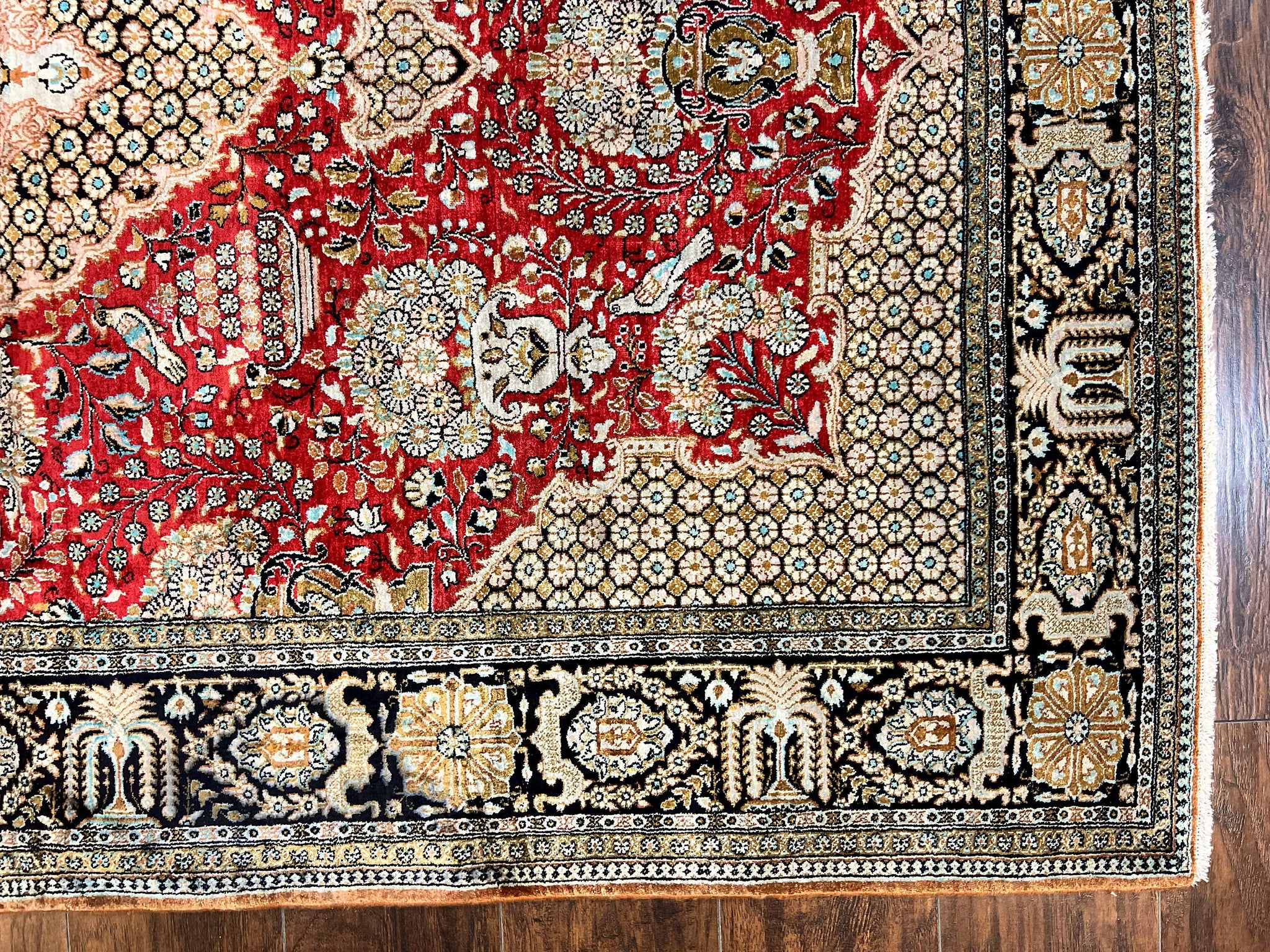 Wonderful Persian Silk Rug 5x7, Birds Floral Vases, Red, Hand Knotted Silk Fine Oriental Carpet, Handmade Vintage, Persian Qum Rug, 400 KPSI by Jewel Rugs