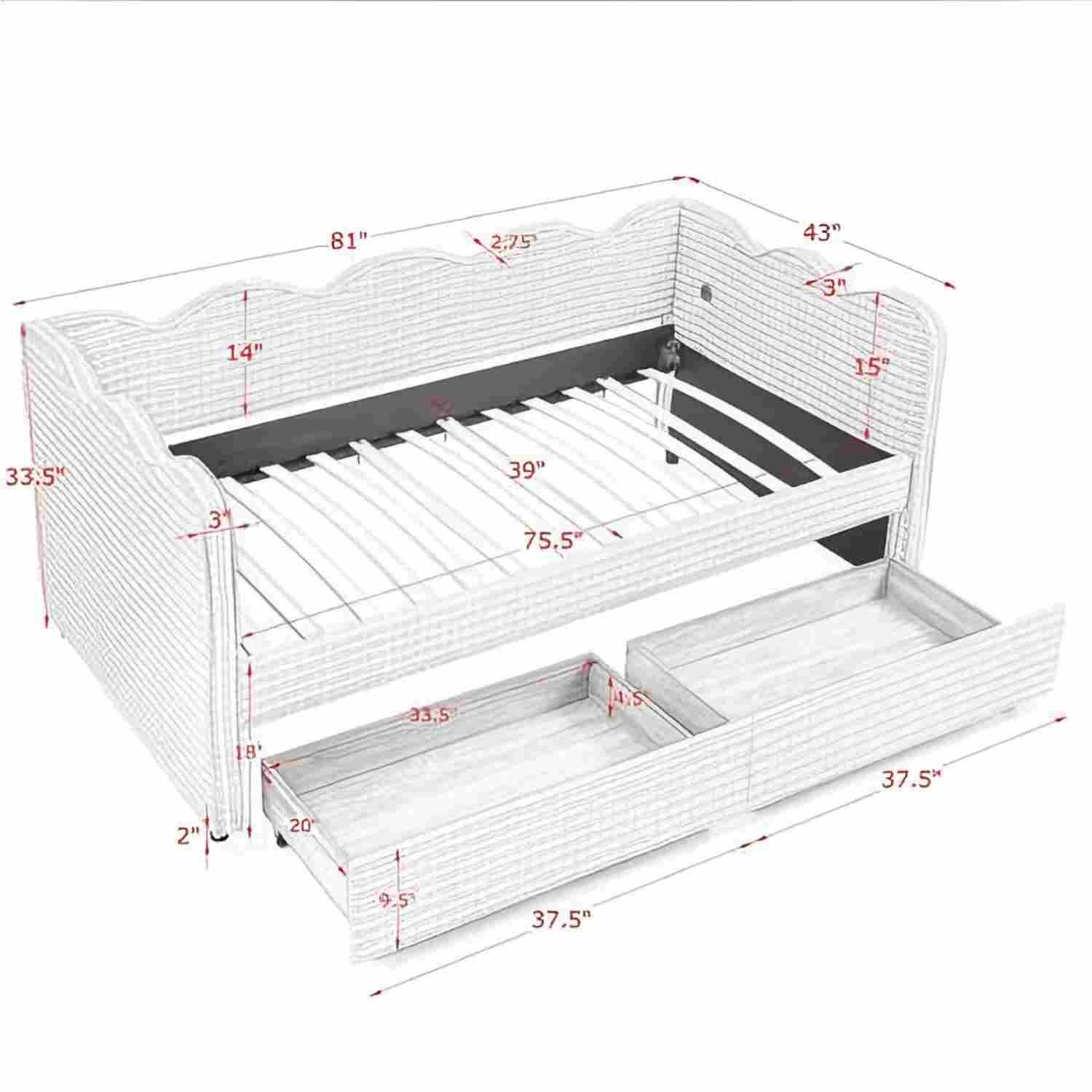 Gingham Daybed With USB Charging Port, Wave-Shaped Design by HouseOfZazla