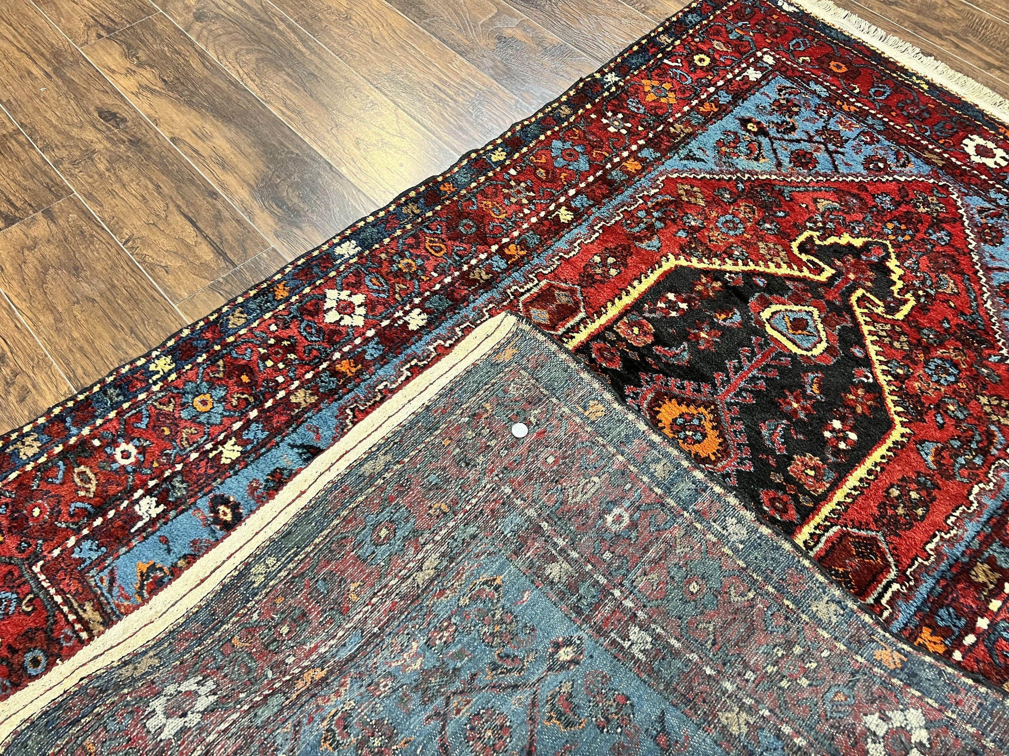 Antique Persian Tribal Rug 4x7, Wool Handmade 1920s Carpet, Red Blue, Persian Hamadan Rug by Jewel Rugs