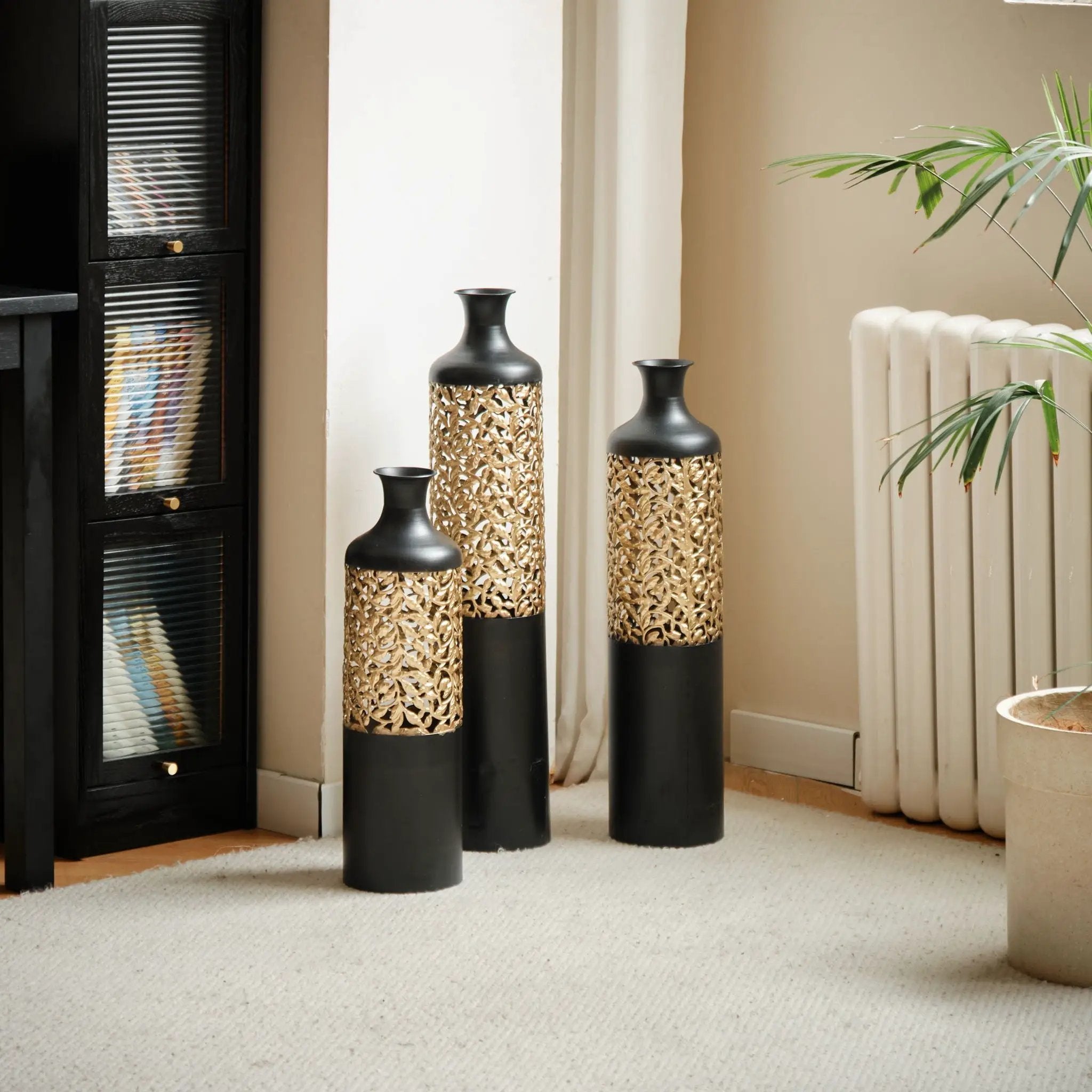 Floor Metal Vases Decorated Metal Vases (Set of 3) Gorgeous Home Decoration Large Glazed Metal Vases - Black / Gold by Unique Piece Furniture