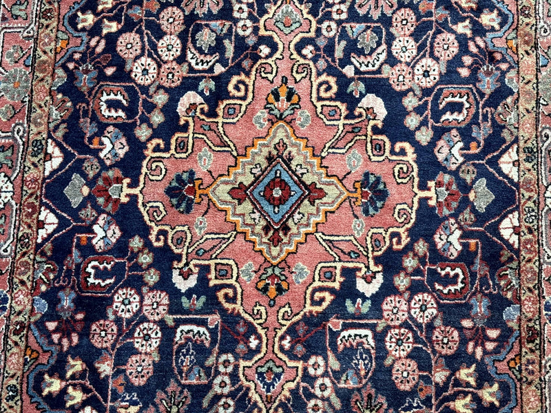 Persian Rug 3x5, Jozan Sarouk Rug, Navy Blue and Coral, Medallion Rug, Semi Antique by Jewel Rugs