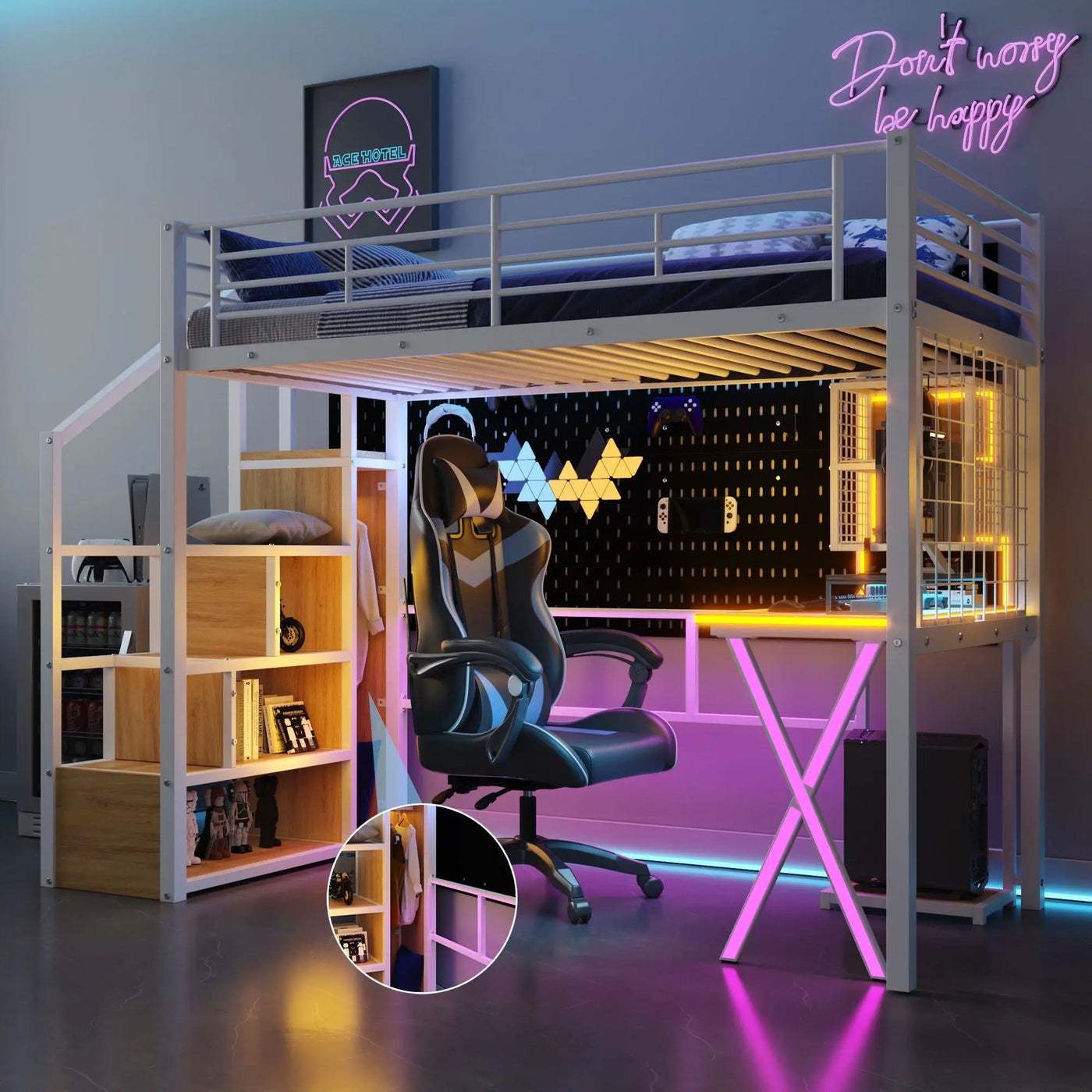 Loft Bed With Built In Work Station, Wardrobe, Storage Staircase And LED by Unique Piece Furniture