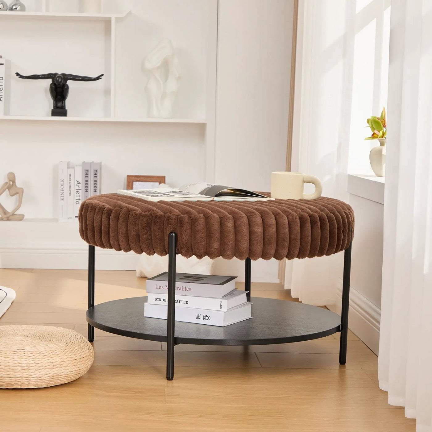 Modern Upholstered Round Ottoman Coffee Table With Storage Shelf by HouseOfZazla