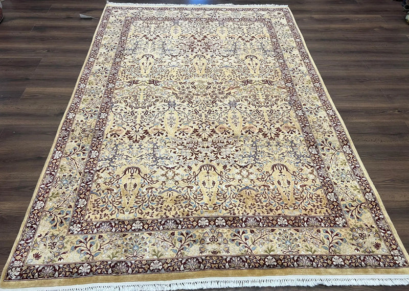 Pretty Indo Persian Rug 6x9, Allover Floral Motif with Birds, Tan/Cream, Very Fine Oriental Carpet, Hand Knotted Vintage Indian Wool Rug by Jewel Rugs