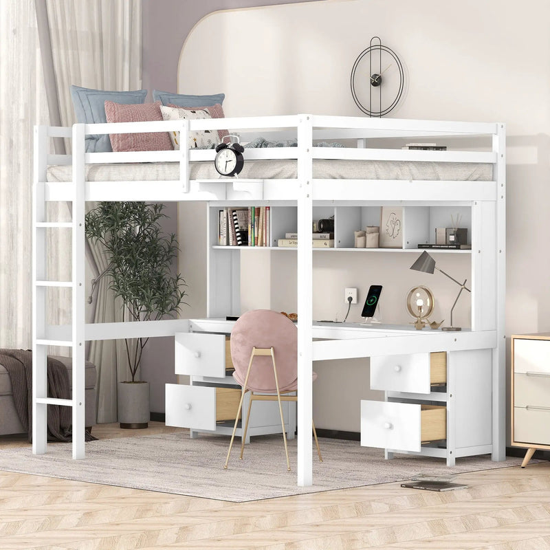 Full Size Loft Bed With Desk, Cabinets, Drawers, Charging Station And Bedside Tray, Sturdy Frame, No Box Spring Required - White by HouseOfZazla