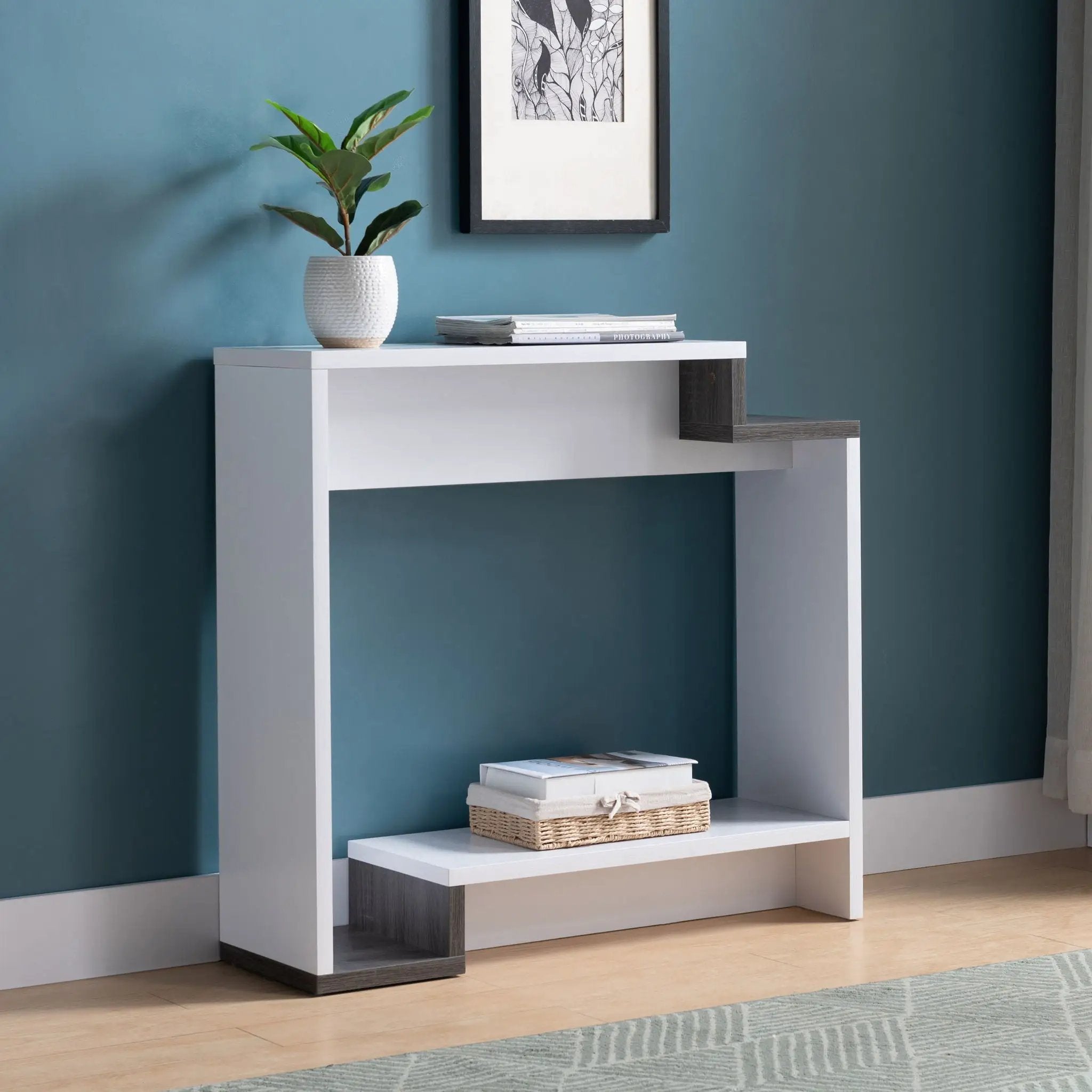 Contemporary Console Table With Two Open Shelves - White / Gray by HouseOfZazla