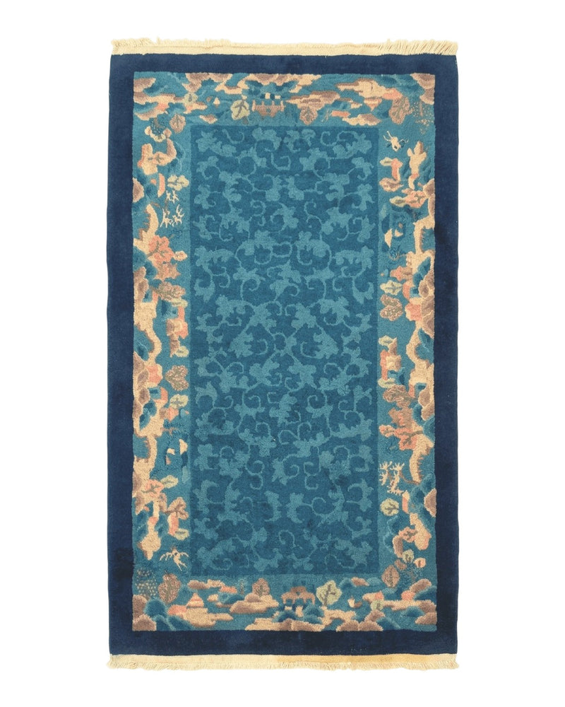 Blue Chinese Rug 2.6 x 4, Fete Rug, Peking Rug, Chinese Wool Rug, Art Deco Carpet by Jewel Rugs