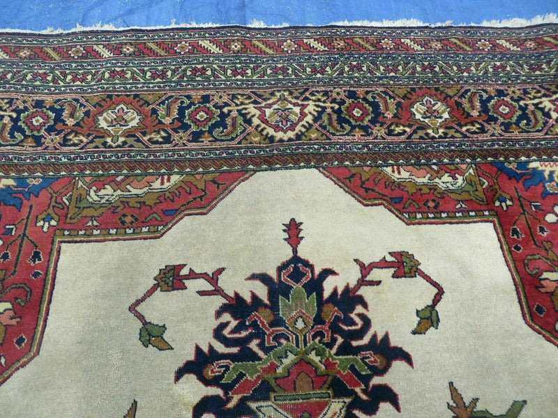 Persian Tabriz Rug 10x13 Oriental Carpet, Ivory Open Field, Geometric Medallion, Red Blue, Hand Knotted, Large Wool Area Rug Vintage Antique 1950s by Jewel Rugs
