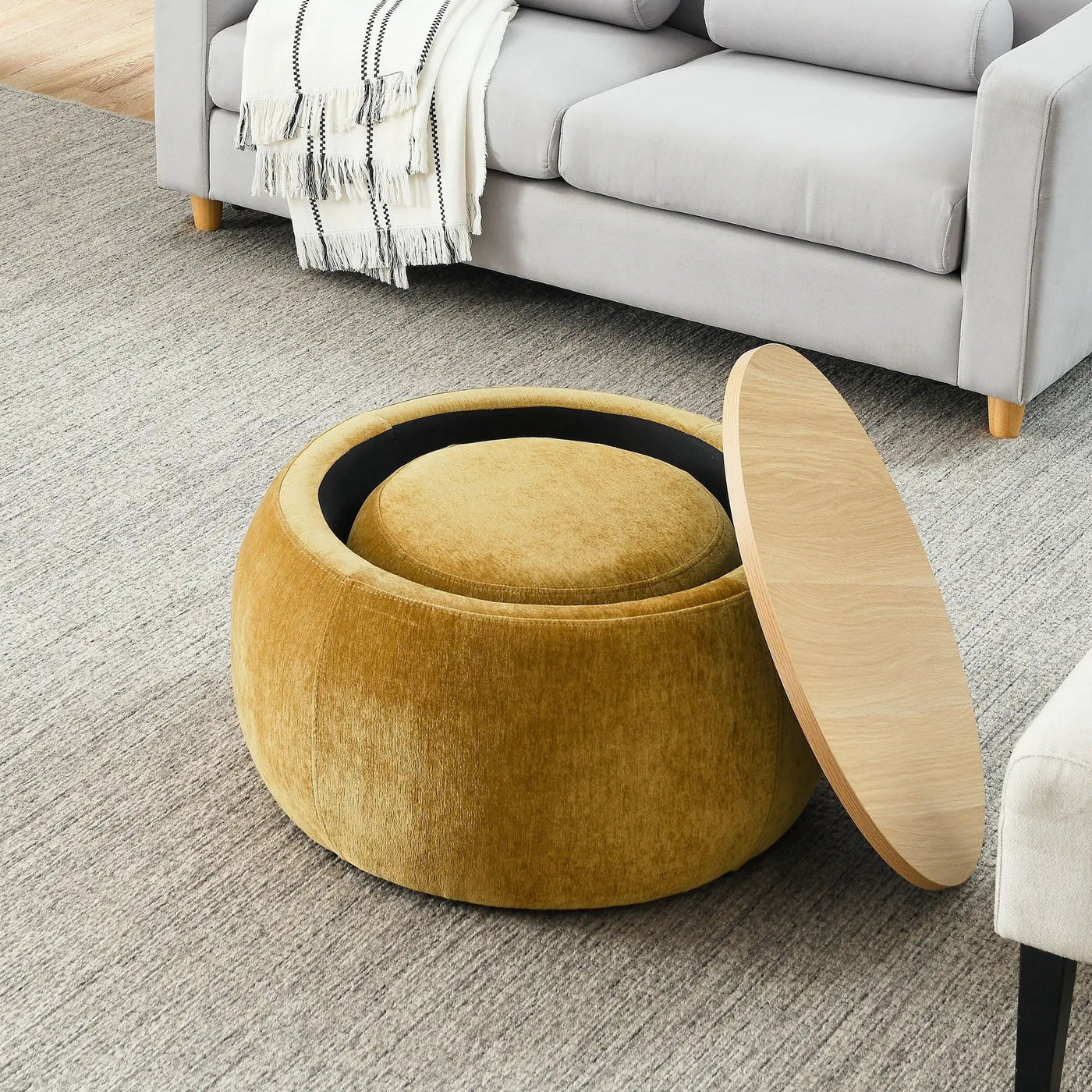 Round Storage Ottoman, 2 In 1 Function, End Table And Ottoman by Unique Piece Furniture