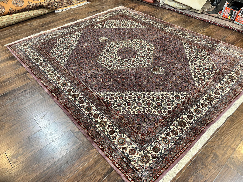 Indo Persian Bidjar Rug 8x10, Purple and Ivory Hand Knotted Wool Vintage Oriental Carpet, Herati Mahi Pattern, 8 x 10 Traditional Fine Rug by Jewel Rugs
