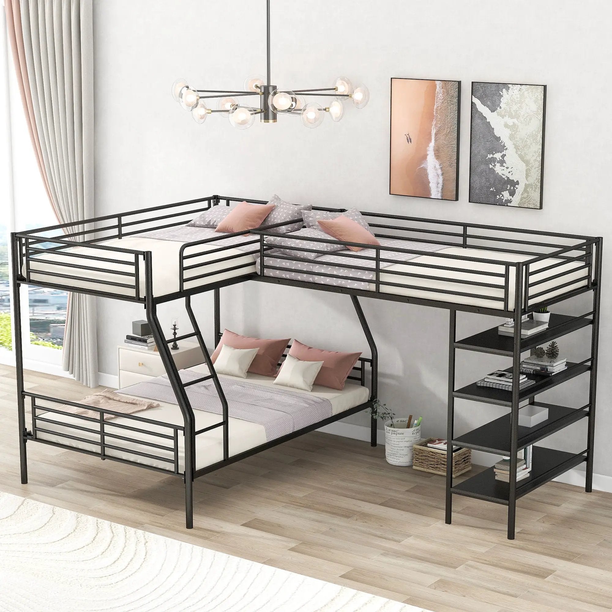 L-Shaped Twin Over Full Bunk Bed And Twin Loft Bed With 4 Built In Shelves - Black by Unique Piece Furniture