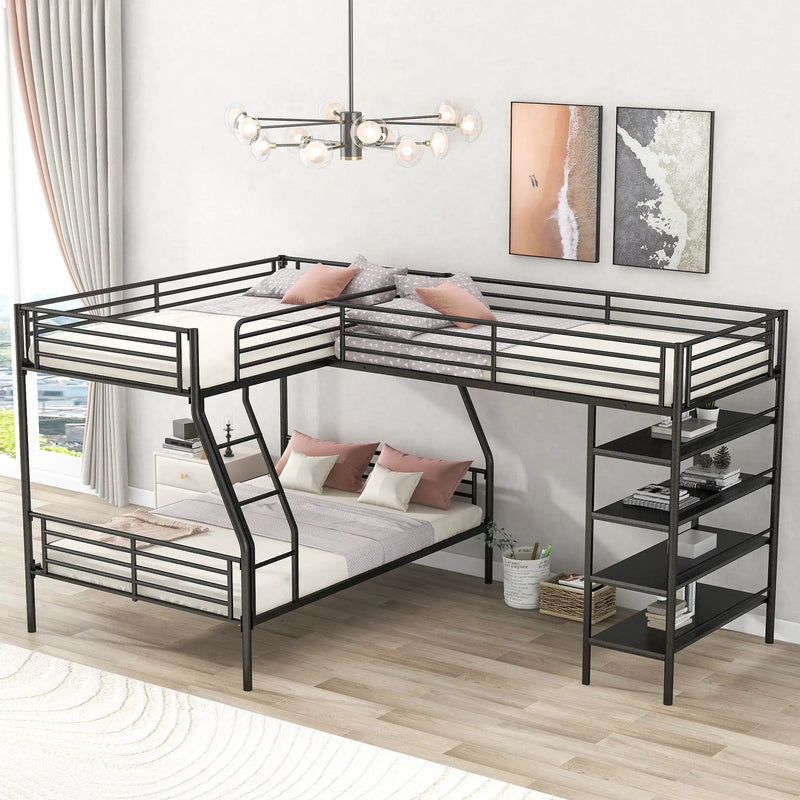 L-Shaped Twin Over Full Bunk Bed And Twin Loft Bed With 4 Built In Shelves - Black by Unique Piece Furniture