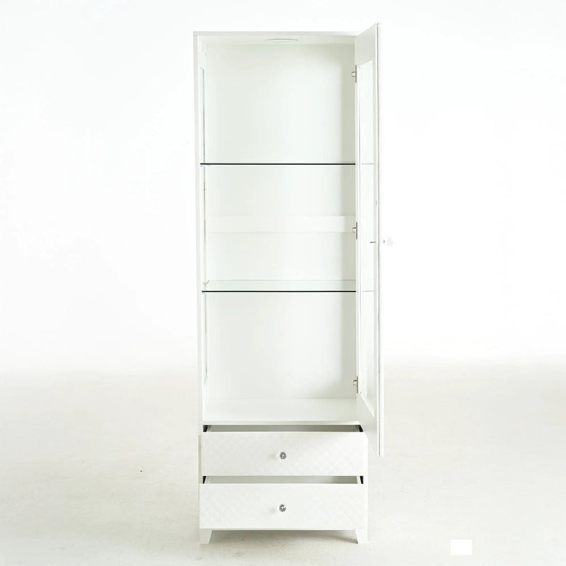 Modern Upholstered Glass Display Cabinet With Adjustable LED Light - White