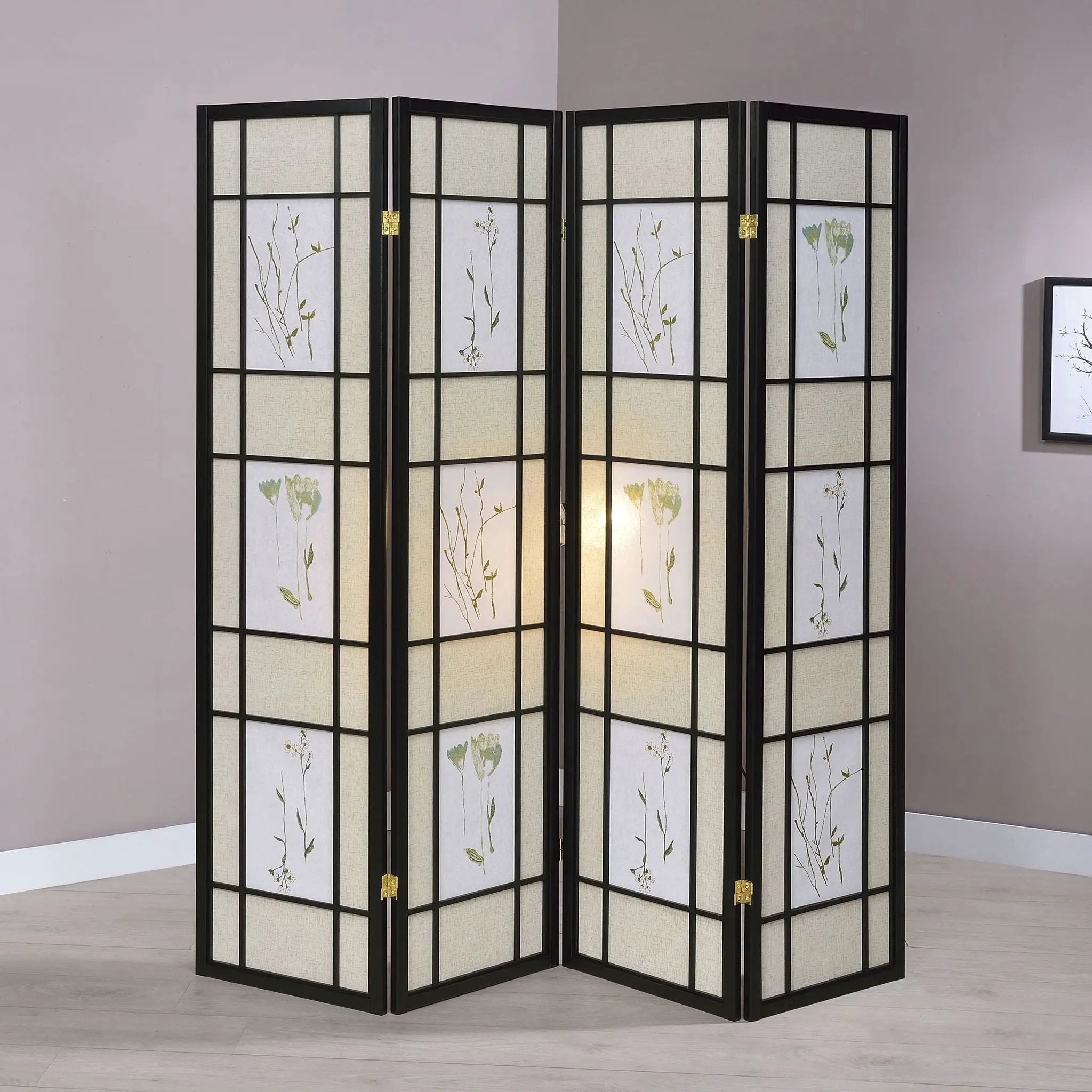 4 Panel Folding Screen With Floral Motif - Black by HouseOfZazla